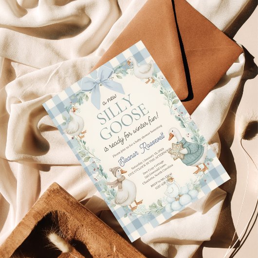 Silly Goose Winter Blue Plaid Baby Shower Einladung