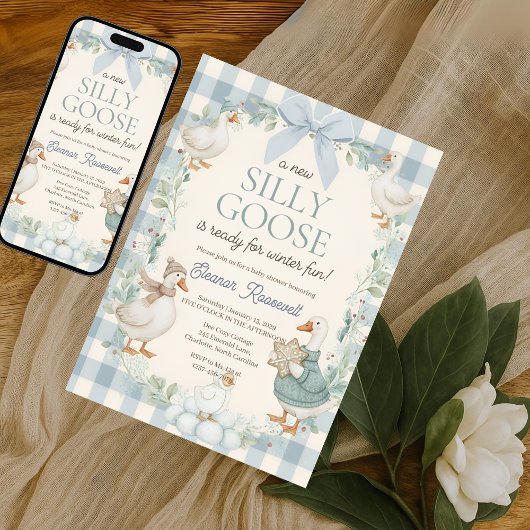Silly Goose Winter Blue Plaid Baby Shower Einladung