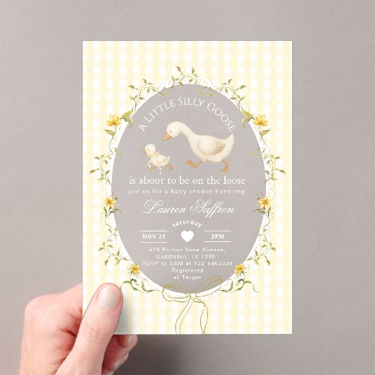 Silly Goose Yellow Gingham Baby Shower Acryleinladungen (Insitu (Handheld))