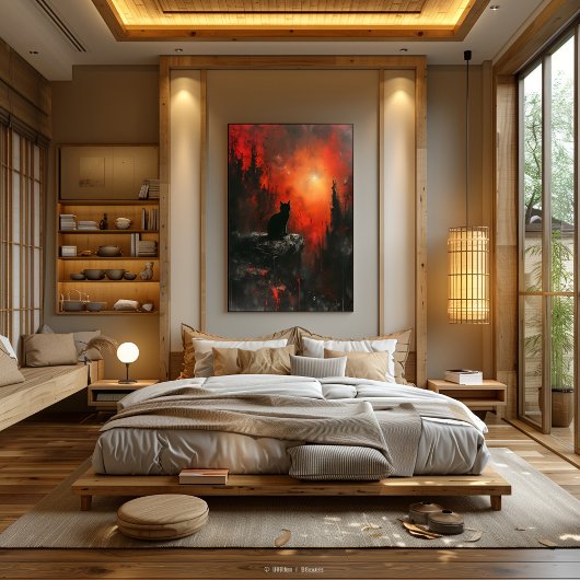 Silueta de Gato Ardiente: Atardecer Surrealista Poster