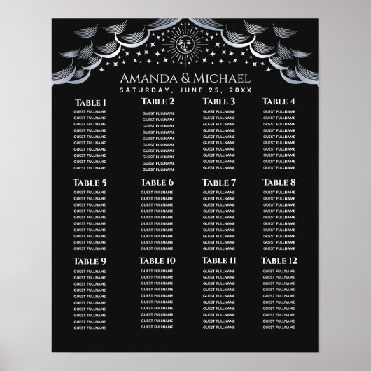 Silve Sun & Moon Tarot Card Wedding Seating Chart Poster (Vorne)