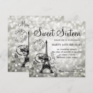 Silver 16 . Geburtstag Romantic Paris Glam Einladung
