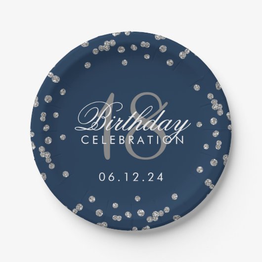 Silver 18. Geburtstag Glitzer Confetti Navy Blue Pappteller (Vorderseite)