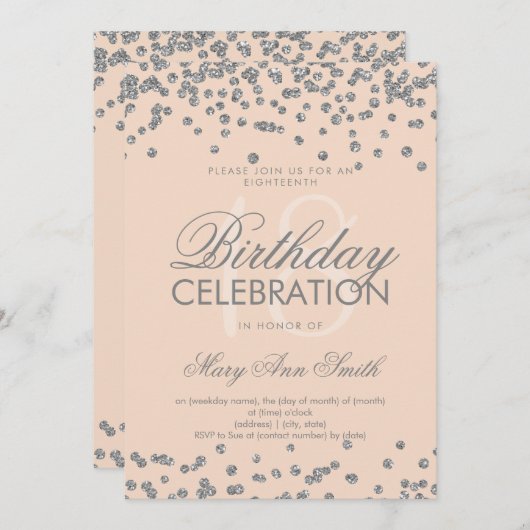 Silver 18. Geburtstag Glitzer Confetti Rose Rosa Einladung (Vorne/Hinten)