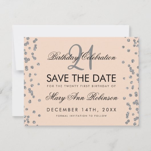 Silver 21. Geburtstag Save the Date Confetti Blush (Vorderseite)