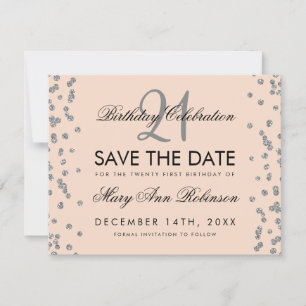 Silver 21. Geburtstag Save the Date Confetti Blush