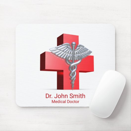 Silver 3D Caduceus Cross Red Medical Mousepad (Mit Mouse)