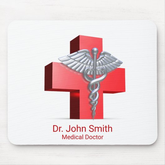 Silver 3D Caduceus Cross Red Medical Mousepad (Vorne)