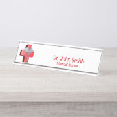 Silver 3D Caduceus Medical Cross Rot Schreibtischnamensplakette (Vorderseite )