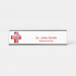 Silver 3D Caduceus Medical Cross Rot Schreibtischnamensplakette