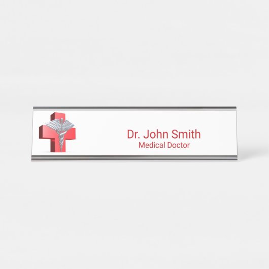 Silver 3D Caduceus Medical Cross Rot Schreibtischnamensplakette (Vorderseite )