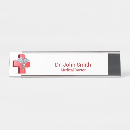 Silver 3D Caduceus Medical Cross Rot Schreibtischnamensplakette (Vorderseite )