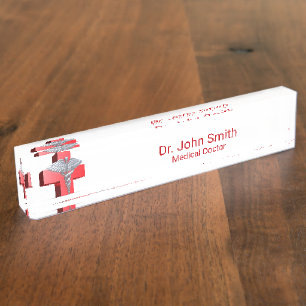 Silver 3D Medical Caduceus Cross Red Namensplakette