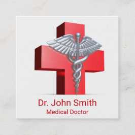 Silver 3D Medical Caduceus Cross Red Quadratische Visitenkarte