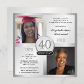 Silver 40. Geburtstag Einladungen Dann & Jetzt Fot (Vorne/Hinten)