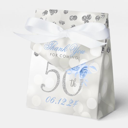 Silver 50. Geburtstag Danke Blue Floral Geschenkschachtel (Vorderseite)