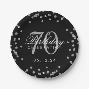 Silver 70. Geburtstag Glitzer Confetti Black Pappteller