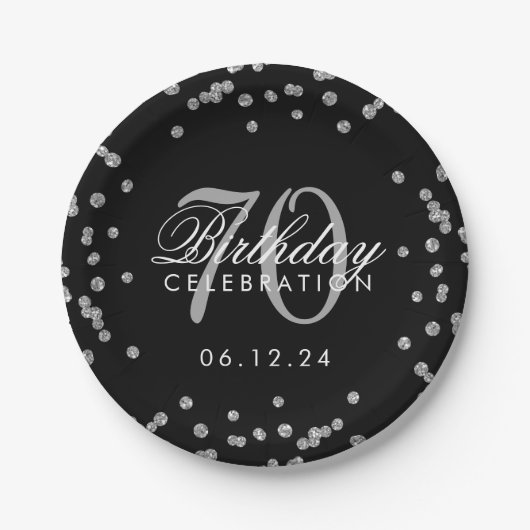 Silver 70. Geburtstag Glitzer Confetti Black Pappteller (Vorderseite)