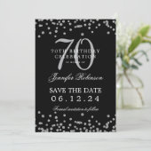 Silver 70. Geburtstag Rett Date Confetti Black Einladung (Stehend Vorderseite)