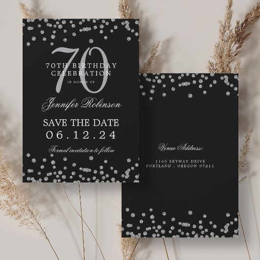 Silver 70. Geburtstag Rett Date Confetti Black Einladung