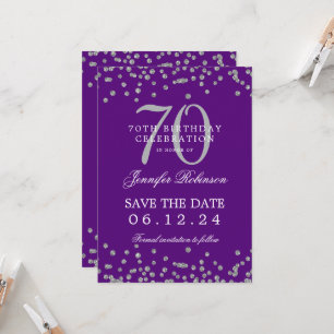 Silver 70. Geburtstag Rett Date Confetti Lila Einladung