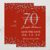 Silver 70. Geburtstag Rett Date Confetti Red Einladung (Vorne/Hinten)