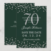 Silver 70. Geburtstag Rett Datum Confetti Grün Einladung (Vorne/Hinten)