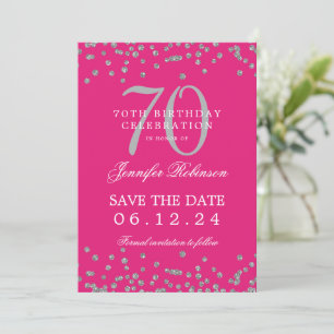 Silver 70. Geburtstag Rett Datum Confetti Hot Pink Einladung