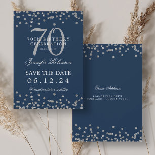 Silver 70. Geburtstag Rett Datum Confetti Marine Einladung
