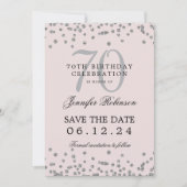 Silver 70. Geburtstag Rett Datum Confetti Rosa Einladung (Vorderseite)
