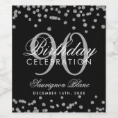 Silver 90. Geburtstag Glitzer Confetti Black Weinetikett (Einzelnes Label)