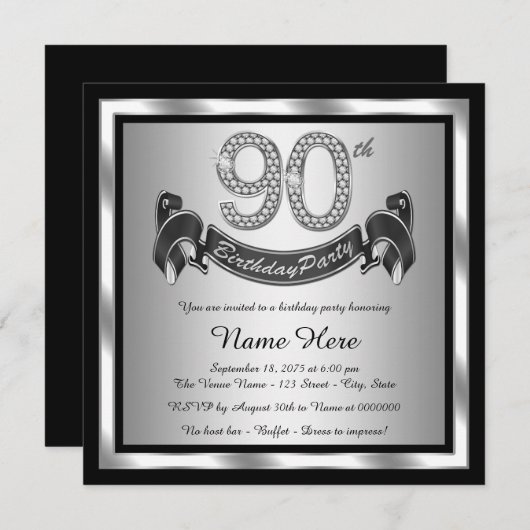 Silver 90. Geburtstagsparty Einladung (Vorne/Hinten)