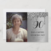 Silver 90. Neunzig Tropfen Elegant Geburtstag Einladung (Vorderseite)