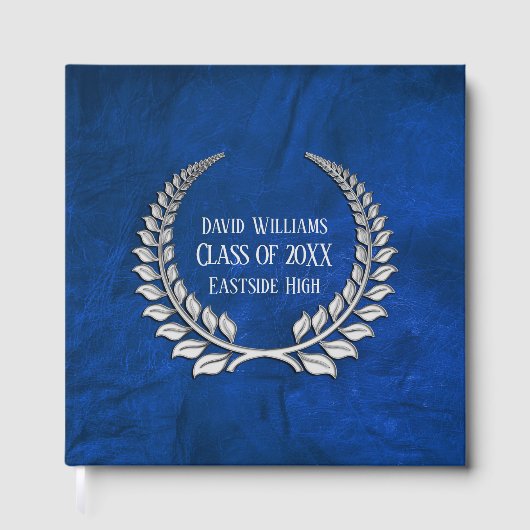 Silver Abschluss Laurel auf blaues Leder Gästebuch (Vorderseite)