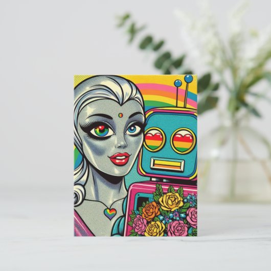 Silver Alien Woman and Rainbow Robot in Liebe Postkarte (Stehend Vorderseite)