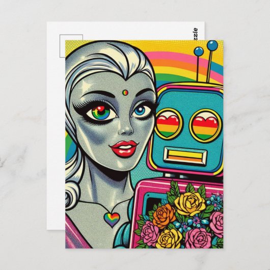 Silver Alien Woman and Rainbow Robot in Liebe Postkarte (Vorne/Hinten)