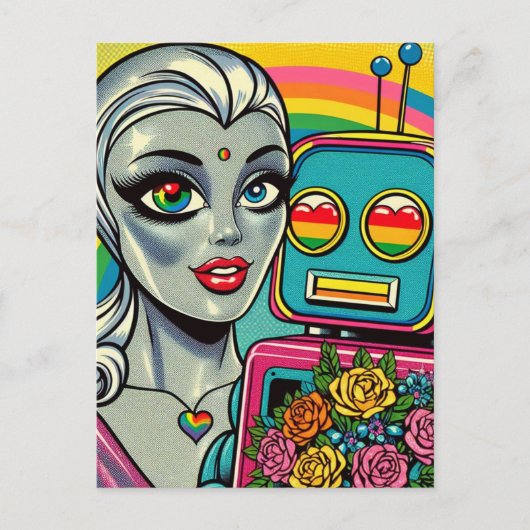 Silver Alien Woman and Rainbow Robot in Liebe Postkarte (Vorderseite)
