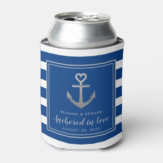 Silver Anchor Blue White Stripe Nautical Wedding Dosenkühler (Kanne Vorderseite)