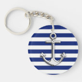 Silver Anchor on Navy Blue Stripes Schlüsselanhänger (Vorderseite)