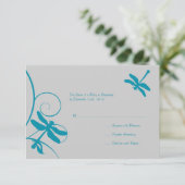 Silver and Aqua Blue Dragonfly Wedding RSVP Karte (Stehend Vorderseite)