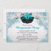Silver and Aquamarin Blue Masquerade Party Einladung (Rückseite)
