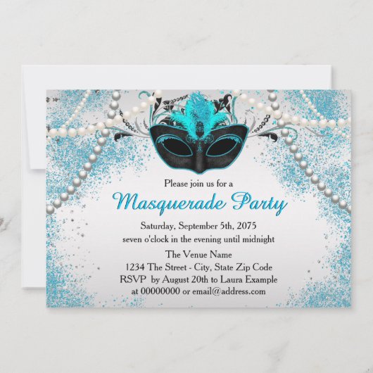 Silver and Aquamarin Blue Masquerade Party Einladung (Rückseite)