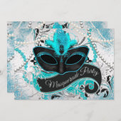 Silver and Aquamarin Blue Masquerade Party Einladung (Vorne/Hinten)