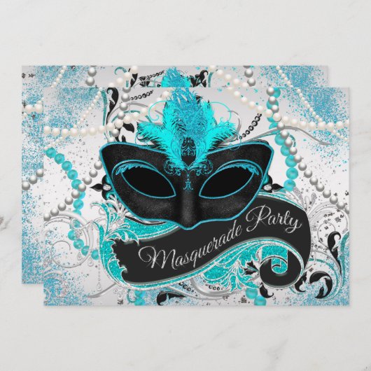 Silver and Aquamarin Blue Masquerade Party Einladung (Vorne/Hinten)