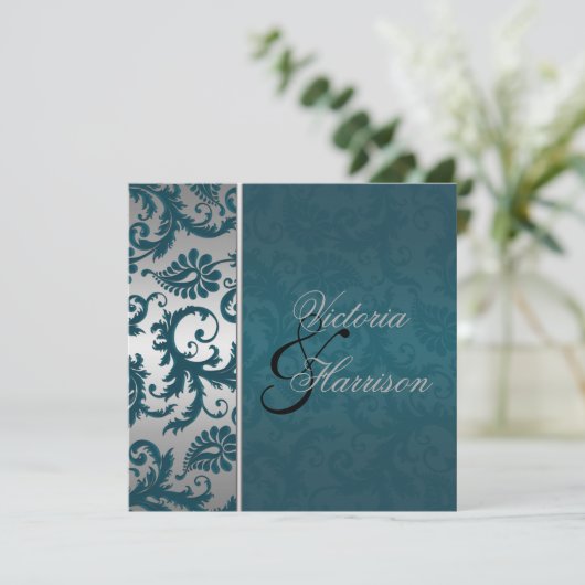 Silver and Aquamarin Damask II Einladung zur Hochz (Stehend Vorderseite)