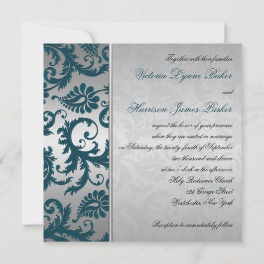 Silver and Aquamarin Damask II Einladung zur Hochz (Rückseite)
