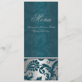 Silver and Aquamarin Damask II Wedding Menu Card Menükarte