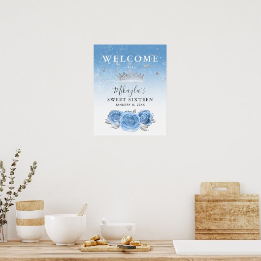 Silver and Bahama Blue Rose Begrüßungs-Party Poster (Küche)