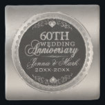 Silver And Black 60th Wedding Anniversary Steinuntersetzer<br><div class="desc">Elegant silver tones circle frame black background, 60th wedding anniversary commemorative coaster. Customizable text. Diamonds and silver hearts. 60th Wedding Anniversary is text design with diamonds and silver look. If you like your name and year in the same font treatment, you need to email the designer. It is free and...</div>