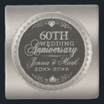 Silver And Black 60th Wedding Anniversary Steinuntersetzer<br><div class="desc">Elegant silver tones circle frame black background, 60th wedding anniversary commemorative coaster. Customizable text. Diamonds and silver hearts. 60th Wedding Anniversary is text design with diamonds and silver look. If you like your name and year in the same font treatment, you need to email the designer. It is free and...</div>